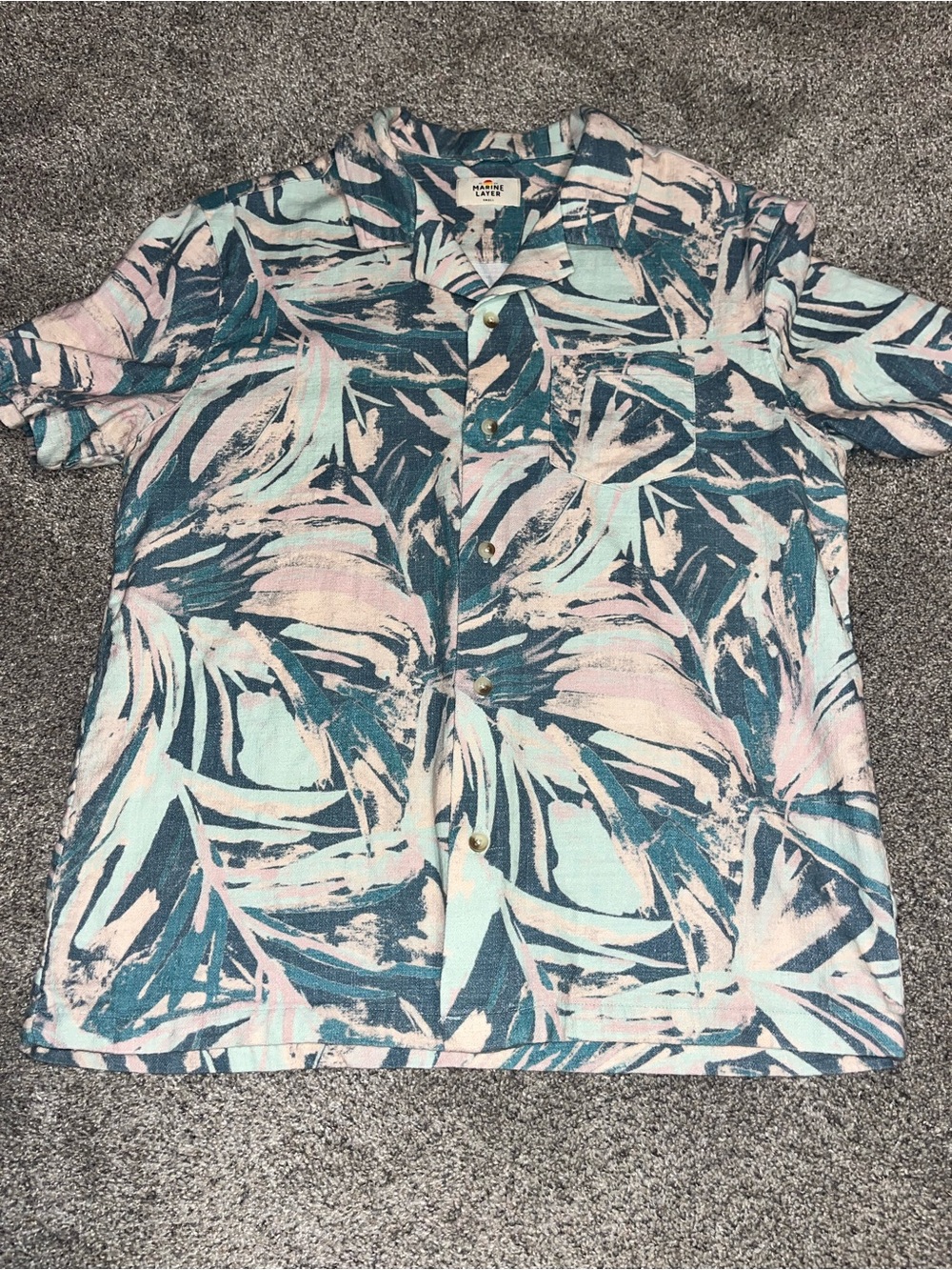 MARINE LAYER Small S Tropical Floral Hawaiian Shirt Button Up Cotton Blend Euc